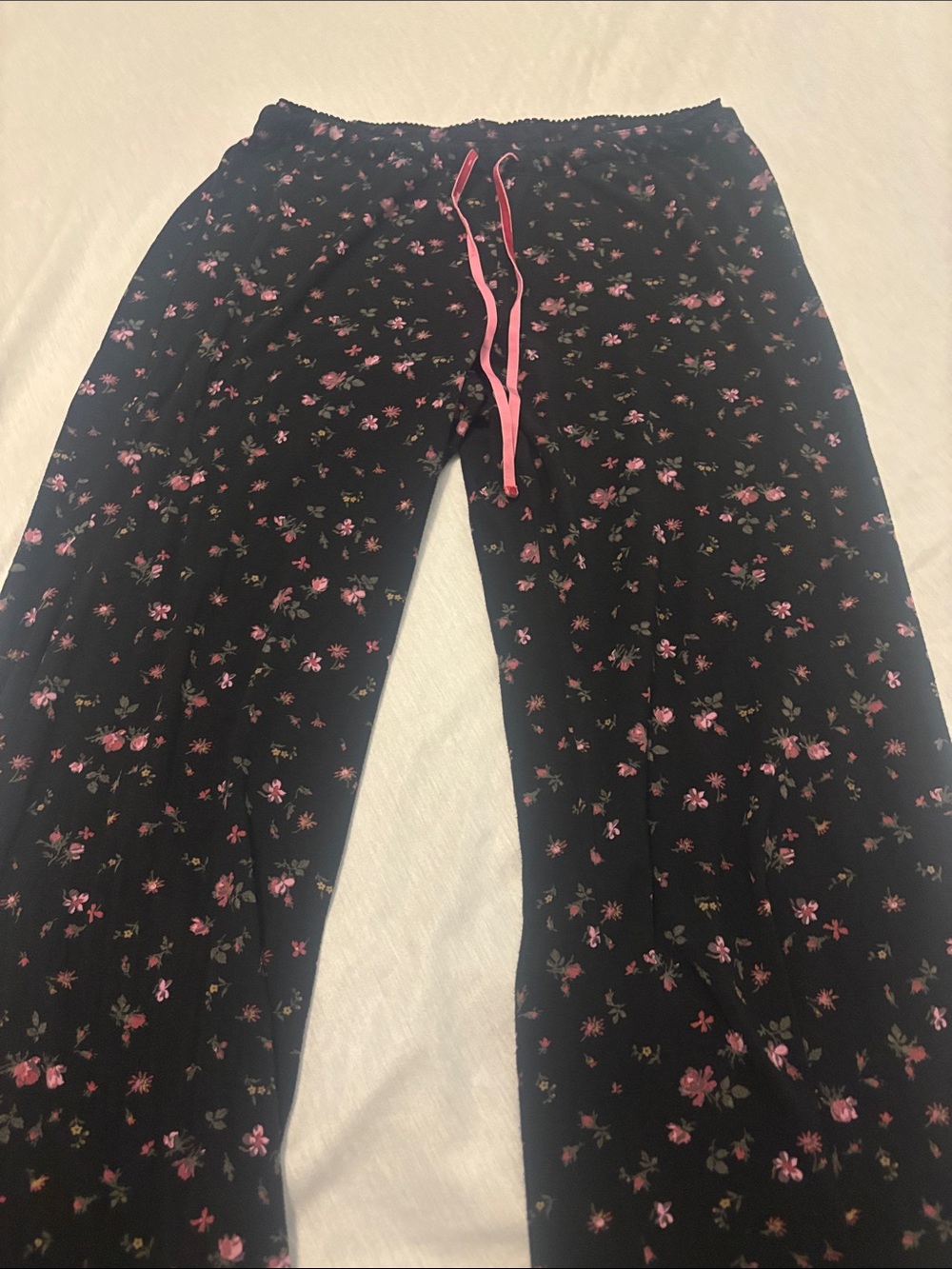VTG GapBody Black Floral Pajama Bottoms with Pink Drawstring SZ M Super Soft
